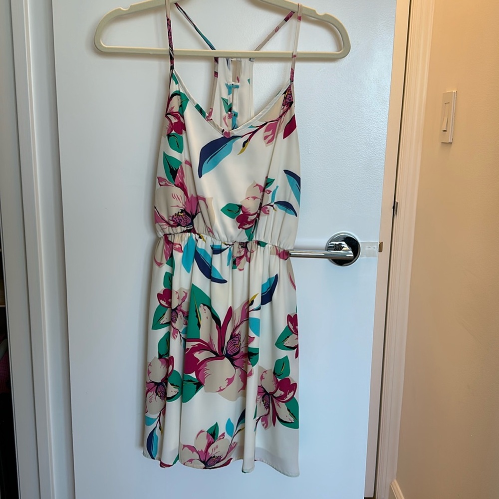 Pink Owl women’s dress. White dress with flowers. Silky and beautiful dress.
